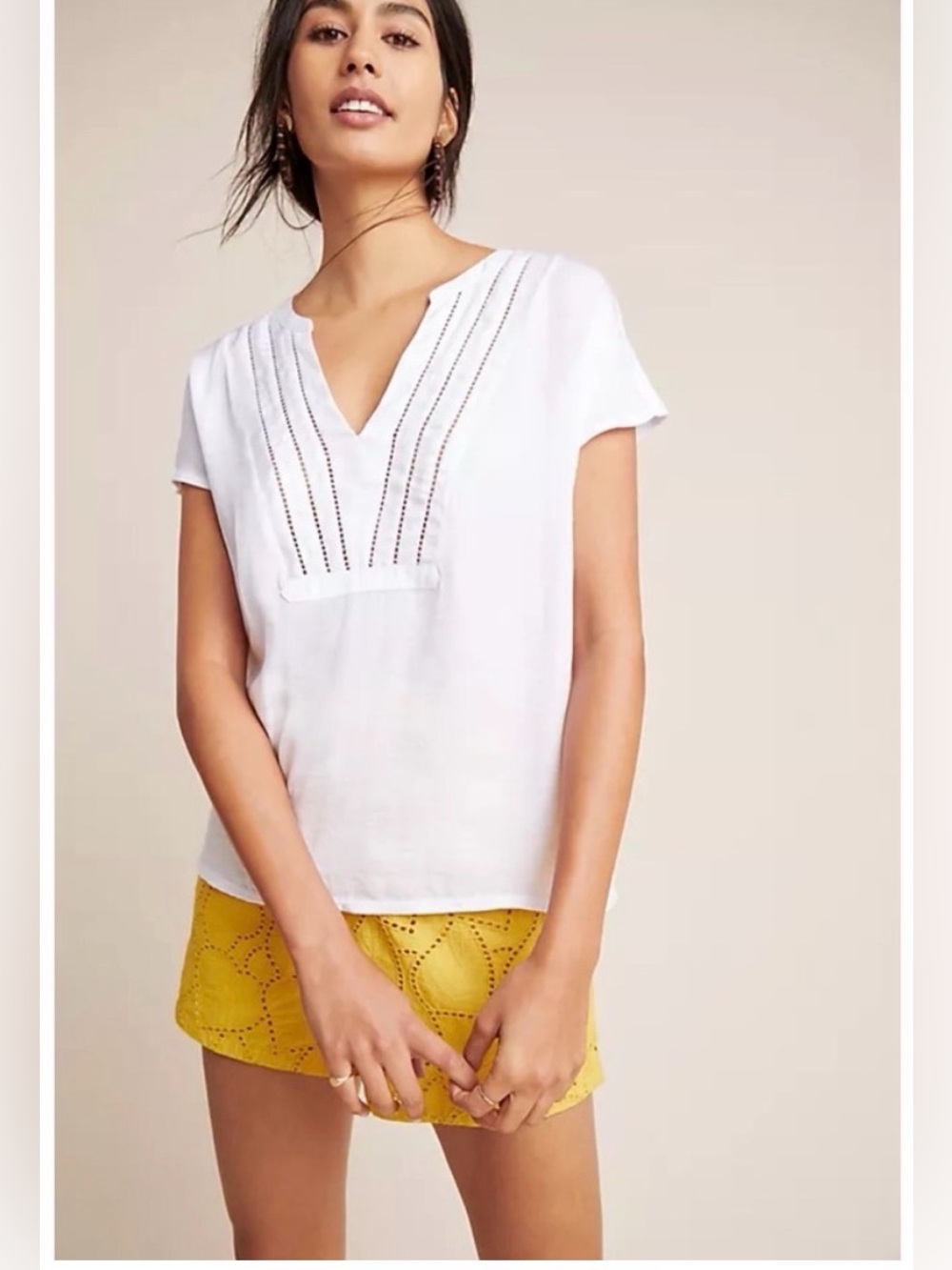 Dolan by Anthropologie White Eyelet-Trim V-Neck Short Sleeve Top